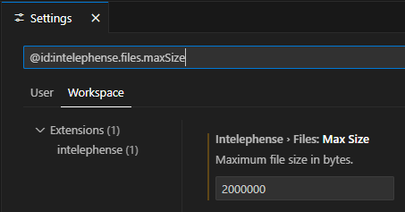 Screenshot of settings in Visual Studio Code: Intelephense » Files: Max Size